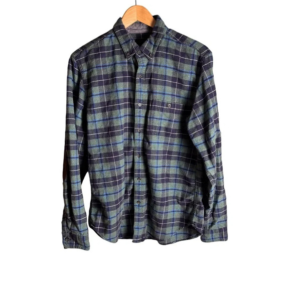 J.Crew Mens Green Blue Plaid Flannel Shirt Wool Blend Suede Elbow Patches M - Picture 2 of 11
